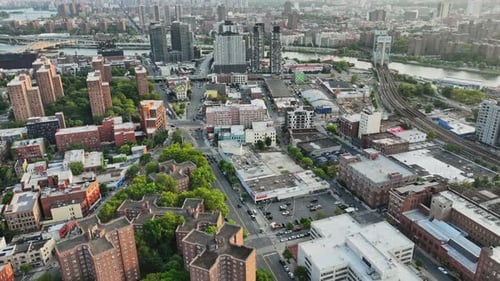 An aerial view of a city with lots of tall buildings