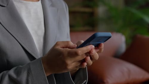 Woman Using Mobile Phone Indoors, Typing, Technology Concept