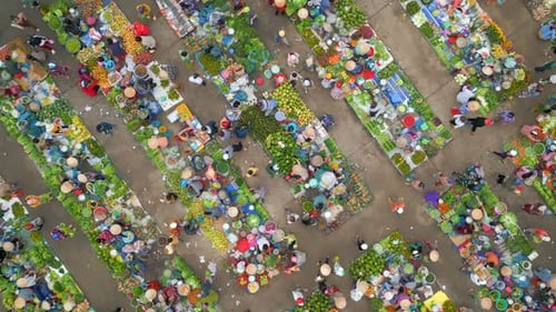 Top View of Colorful Local Outdoor Farmers Market in Rural Vietnam