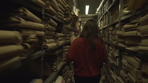 Mädchen mit langen braunen Haaren und rotem Pullover, das Akten in der Hand hält, geht durch ein offenes Regallager mit