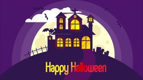 Happy Halloween Animated Title with Flat Design Haunted House and Bats
