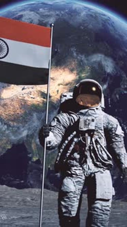 Astronaut Plants India Flag on Lunar Surface with Earth View