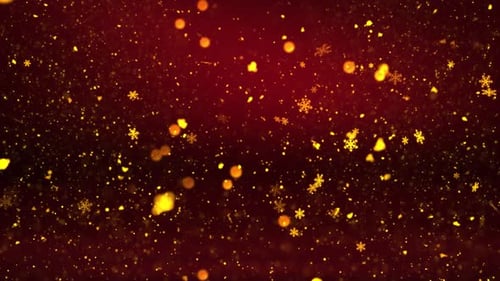 Golden Snowflakes and Particles Falling on Red Festive Background