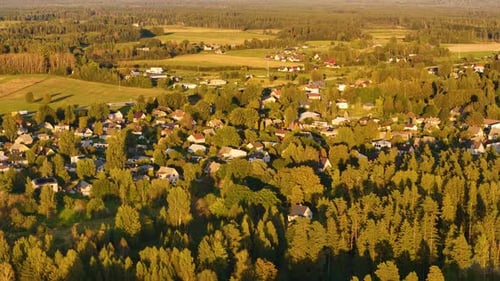 Drone fly Incukalns village at Latvia around green lush expansive forest landscape, aerial view