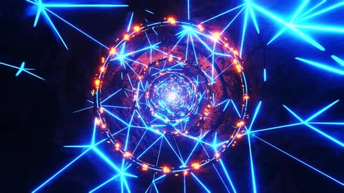 Flying through a neon tunnel with rings. Infinitely looped animation