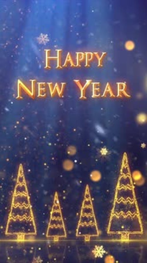Happy New Year Glowing Text with Festive Golden Christmas Trees