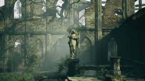 Weathered Sculpture Within Collapsing Historic Church Setting