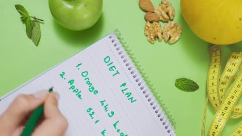 Vertical Video of Preparing diet program on study table with fruits.