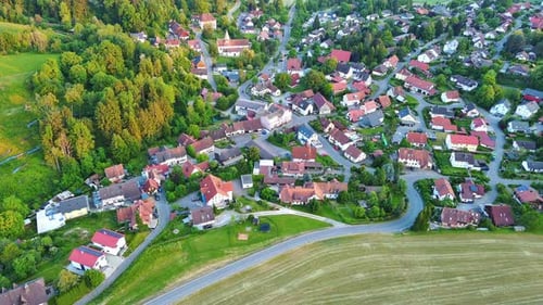 Village with Cozy Houses Highway Passes Through It Among Farmers' Fields Meadows and Trees