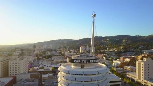 Aerial Drone footage above the famous Capitol Records building in Hollywood. Shot with DJI Mavic dr