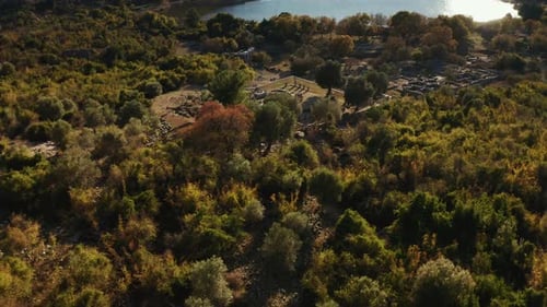 Aerial view of Kaunos ancient city. Dalyan Mugla. Turkey. 4K.