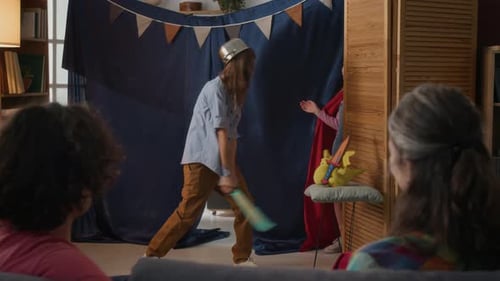 Young Prince Slaying Toy Dragon and Freeing Princess in Home Theater Show