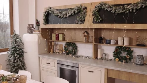 Festive Kitchen Scene Decorated for Christmas