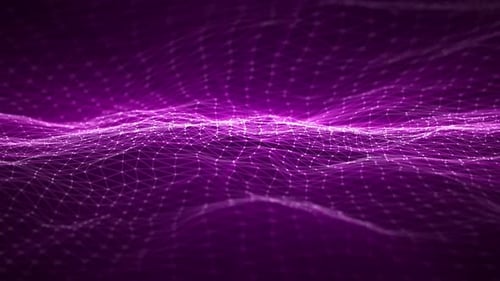 Seamless loop animation of pink purple abstract background with energy waves made of dots and lines