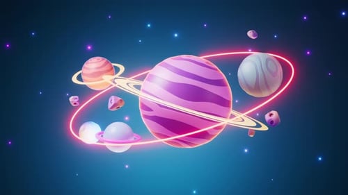 Colorful Cartoon Planets Orbiting in Space with Neon Rings
