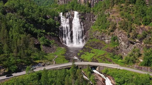 Aerial view of Skjervsfossen waterfall, Norway.