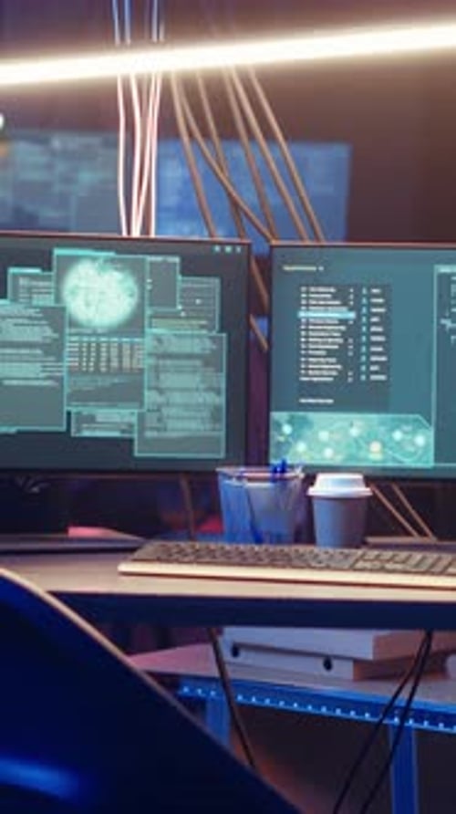 Vertikaler Video-Hacker kommt in der unterirdischen Basis an und ist bereit, Computersabotage zu verüben