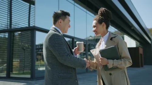 Portrait Happy Young Business People Met and Shook Hands Talking Smiling Drink Coffee Spend Time