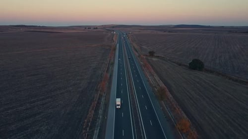 Aerial View of Highway Road at Sunset in Autumn