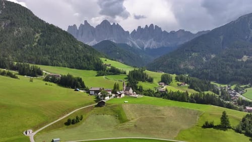 Aerial View of Chiesa Di Santa Maddalena in Funes Valley Dolomites Italy