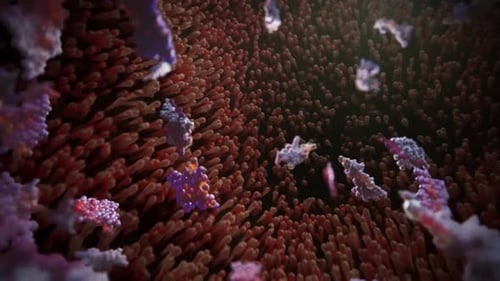 Vibrant microscopic view of cellular structures in motion