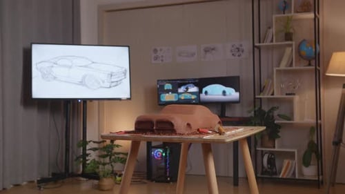 The Sculpture Of Car Clay In The Studio With Tv And Computers Display 3D Electric Car Model