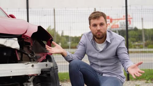 Man Kneeling Next to Damaged Car
