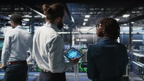 Server Farm Manager Overseeing Workers Doing AI Automatization