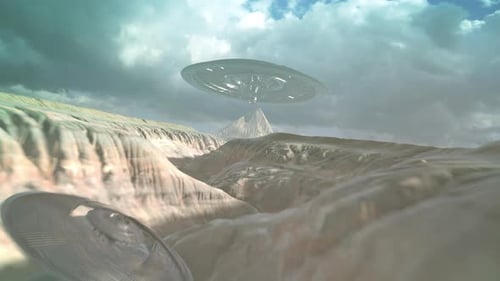 Alien ufo saucer flying close to river channel toward mothership