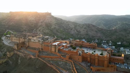 Aerial view famous Amber Fort landmark in Rajasthan state in India