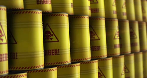 Danger warning with skull symbol barrels in row endless footage