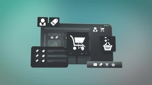 E-commerce shop product purchase on web item placed in shopping cart, 3d animation