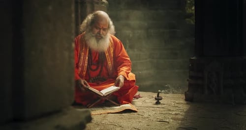 Slow Motion Portrait of Old Indian Monk Reading a Book in an Ancient Temple. Senior Guru Getting W