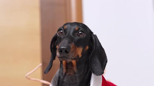 A close-up of a black and tan dachshund being attacked by a toy tick with long legs while looking