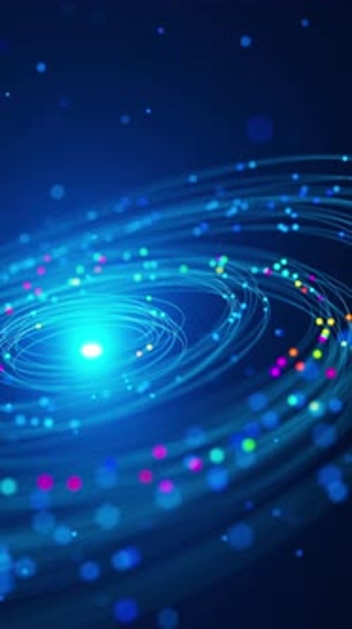 Glowing particles and neon trails swirl around a bright futuristic center.