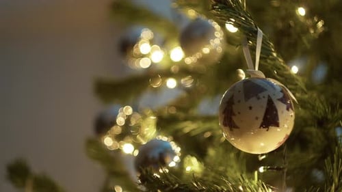 Christmas Tree Ornaments and Lights Close Up