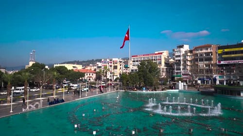 Cityscape with Fountain and Turkish Flag