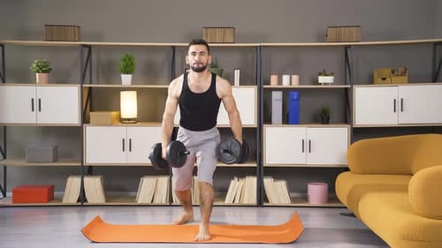 Doing weight training and exercising at home.