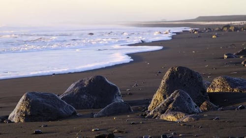 Ocean Waves Crashing on Black Volcanic Coast in Iceland Nature