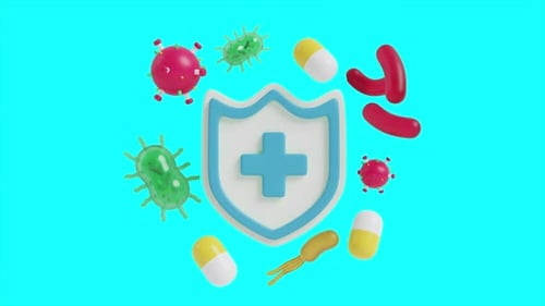 3D Animated Medical Shield Protection with Viruses and Pills