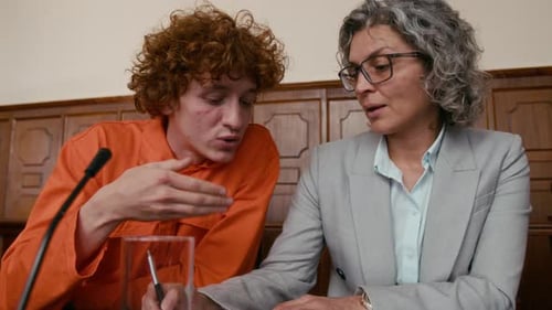 Lawyer Feeling Confused as her Client Losing Temper, Discussing Case in Court