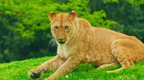 Eine große schöne Löwin liegt auf dem Gras