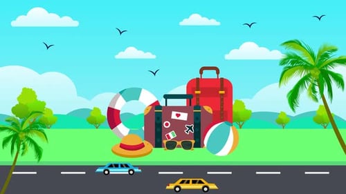 Flat Design Travel Vacation Scene with Animated Road and Palm Trees