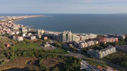 Aerial view of aquapark and hotel by the seaside, Bulgaria.