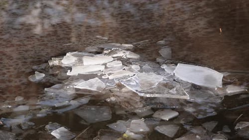 Broken ice in a canal. Winter. UK