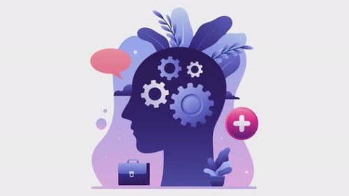 mental health, head with flowers and gears, psychological help animation 4k