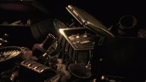 Mysterious Opened Old Wooden Treasure Chest with Light