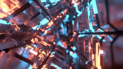 Small depth of field. Data flow movement. Blockchain concept. Camera movement through a futuristic t