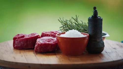BBQ in the garden. Filet mignon rotates on the table with bbq seasonings, salt pepper, rosemary.