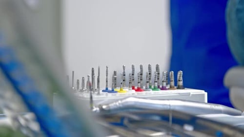 Sterile tools prepared for tooth extraction and dental implant in the dental office.